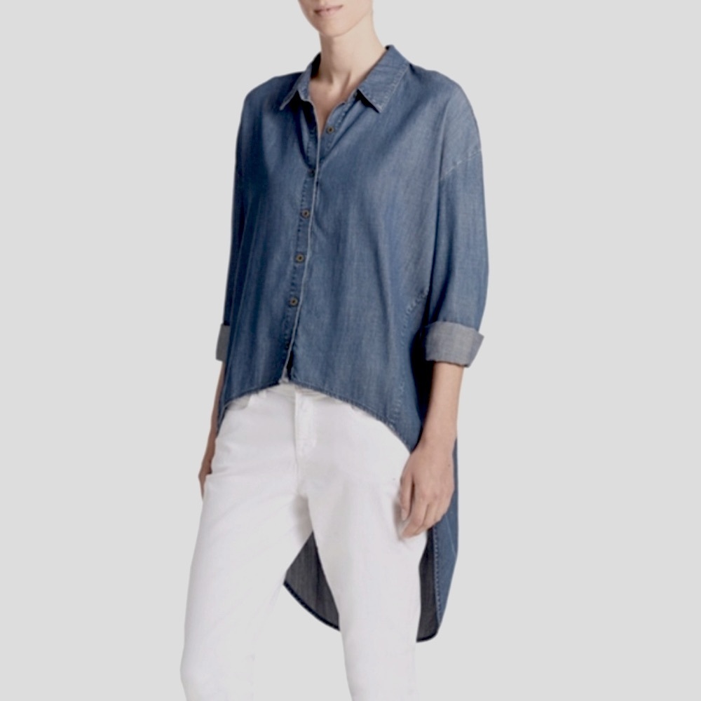 Eileen Fisher hi lo chambray denim blue button down shirt